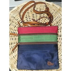 Dooney & Bourke Triple Zip Crossbody Bag Blue Red Green Leather Strap GC